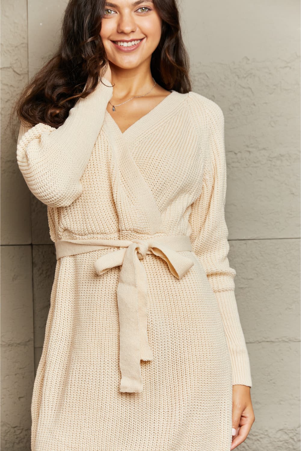 swvws Tie Waist Surplice Neck Sweater Dress