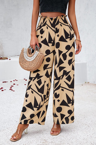 swvws Smocked Printed Wide Leg Pants with Pockets