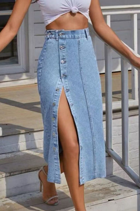 themeisles Buttoned Split Denim Skirt