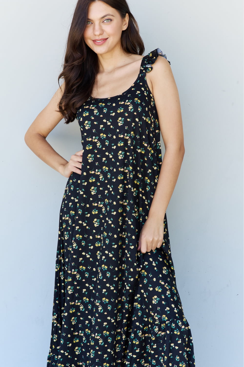 swvws Doublju In The Garden Ruffle Floral Maxi Dress in  Black Yellow Floral