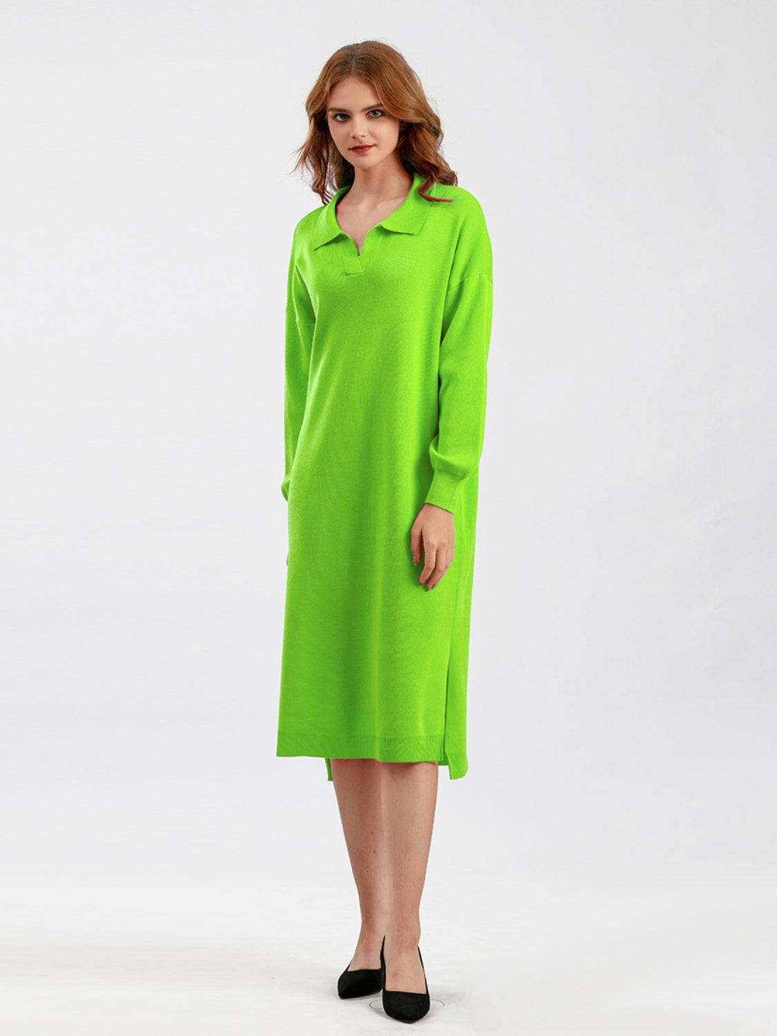 swvws Johnny Collar Long Sleeve Slit Sweater Dress