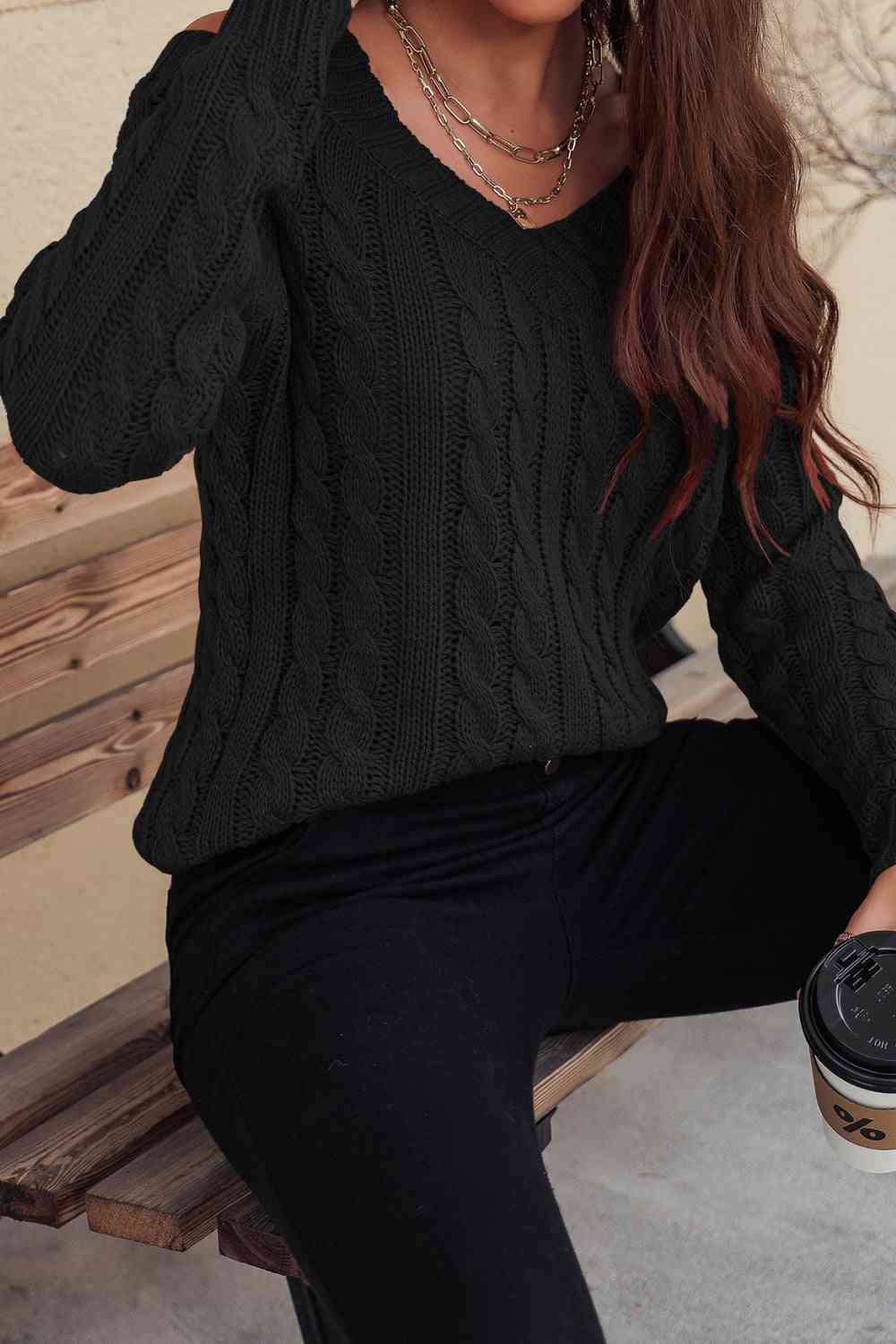 swvws Woven Right Cable-Knit Cold-Shoulder Long Sleeve Sweater