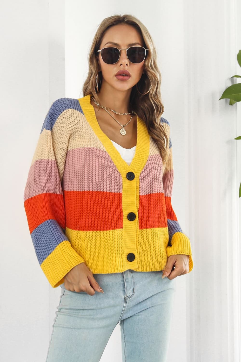 swvws Color Block Button-Down Dropped Shoulder Cardigan