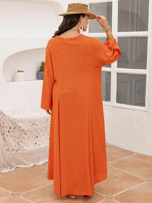 swvws Plus Size Tie Neck Long Sleeve Slit Dress