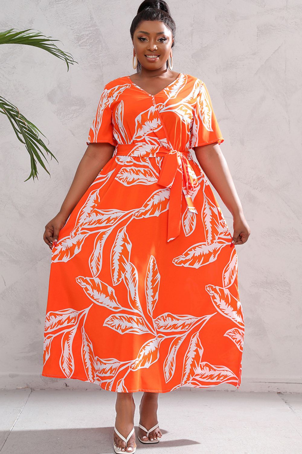 swvws Plus Size Printed Surplice Short Sleeve Maxi Dress