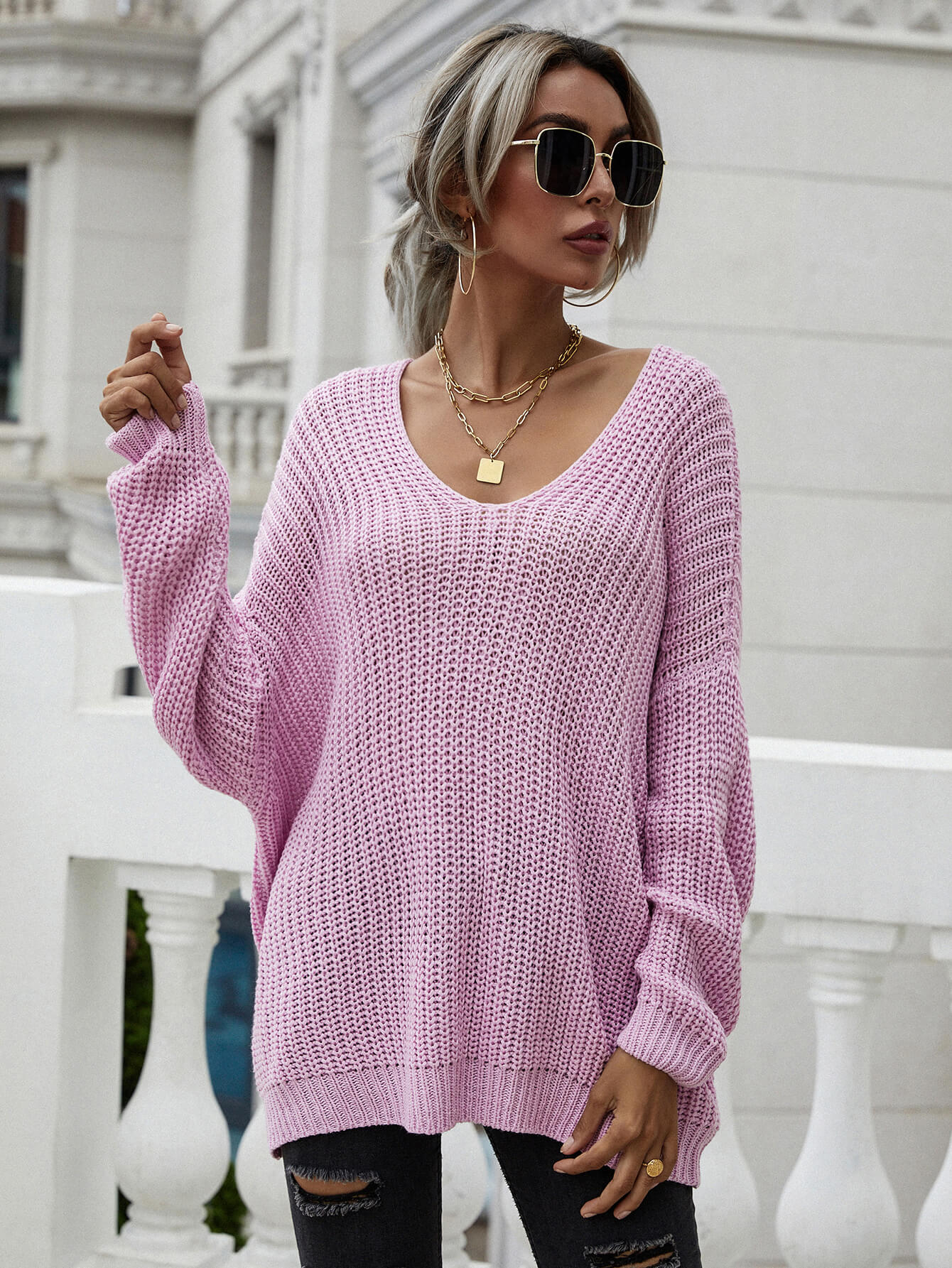 swvws Rib-Knit Drop Shoulder V-Neck Pullover Sweater