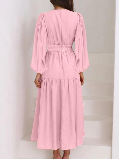 swvws Deep V-Neck Balloon Sleeve Plain Maxi Dress