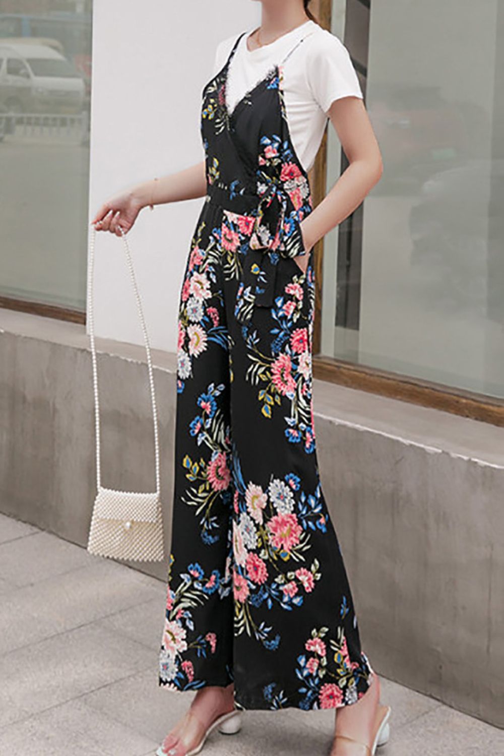 swvws Floral Spaghetti Strap Wide Leg Jumpsuit with Pockets