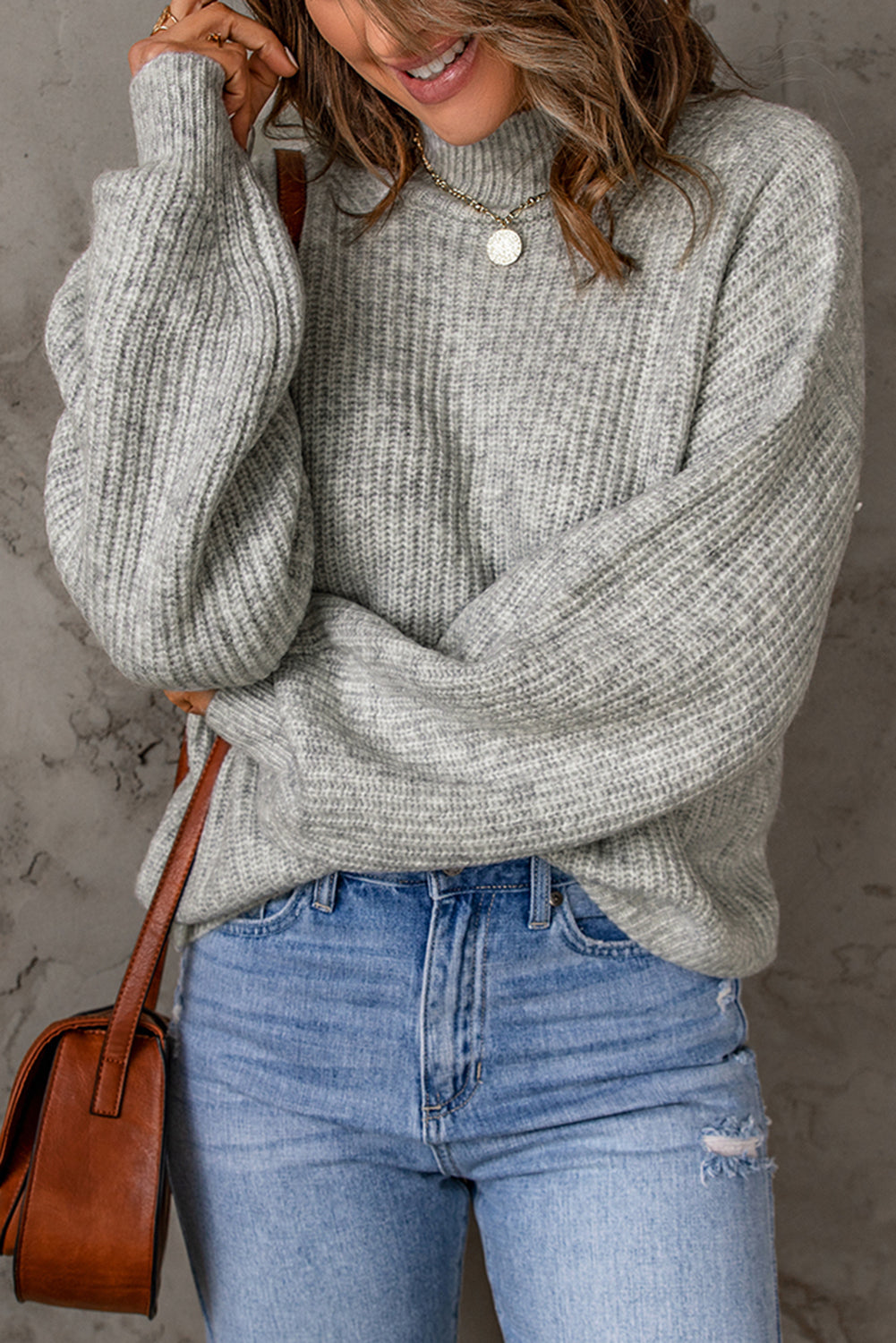 swvws Heathered Balloon Sleeve Rib-Knit Sweater