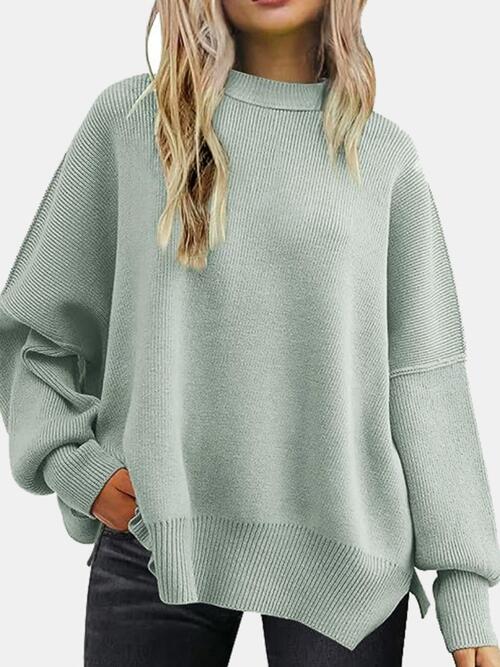 swvws Round Neck Drop Shoulder Slit Sweater