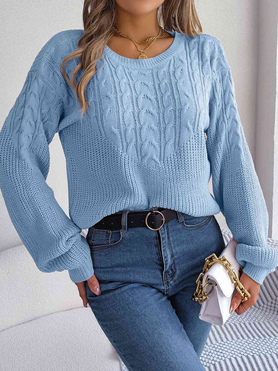 swvws Cable-Knit Round Neck Drop Shoulder Sweater