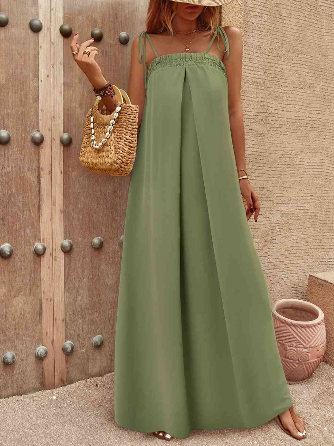 swvws Tie-Shoulder Smocked Maxi Dress