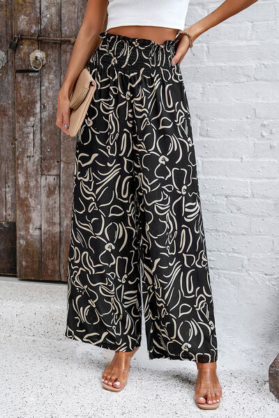 swvws Smocked Printed Wide Leg Pants with Pockets