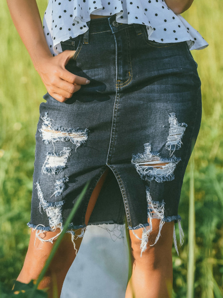 themeisles Full Size Distressed Slit Denim Skirt