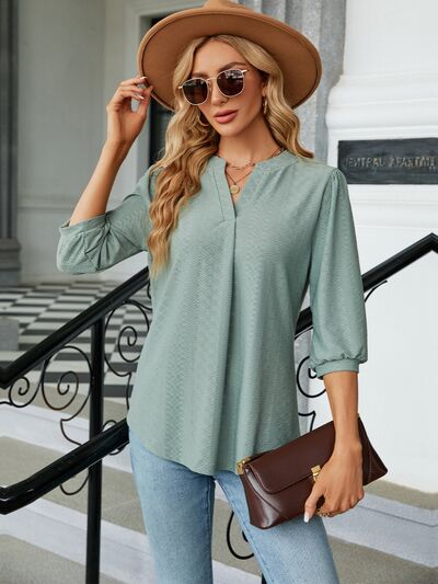 swvws Textured Notched Three-Quarter Sleeve Blouse