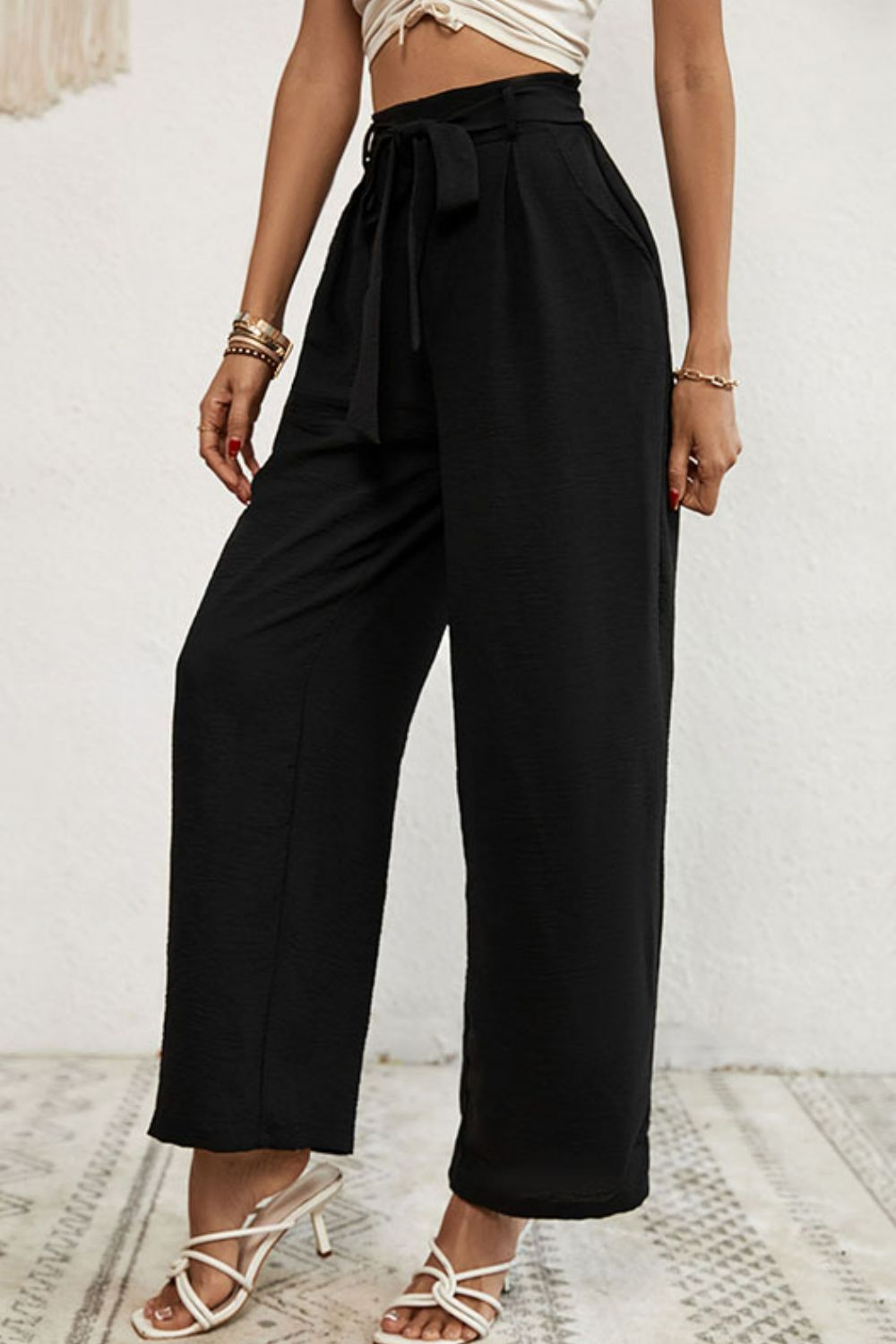 swvws Belted Pleated Waist Wide Leg Pants