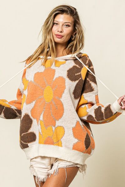 swvws BiBi Flower Pattern Drawstring Hooded Sweater