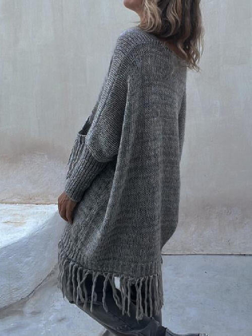 swvws Fringe Detail Long Sleeve Sweater with Pockets