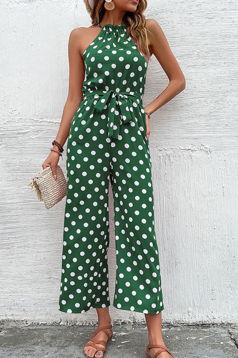 swvws Polka Dot Grecian Wide Leg Jumpsuit