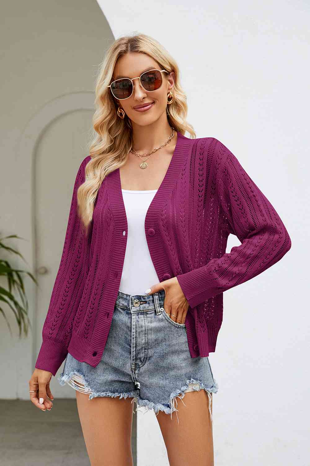 swvws Openwork Button Front V-Neck Cardigan