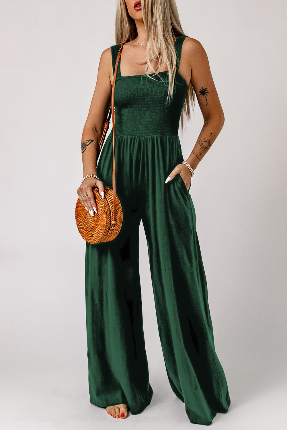 swvws Smocked Square Neck Wide Leg Jumpsuit with Pockets