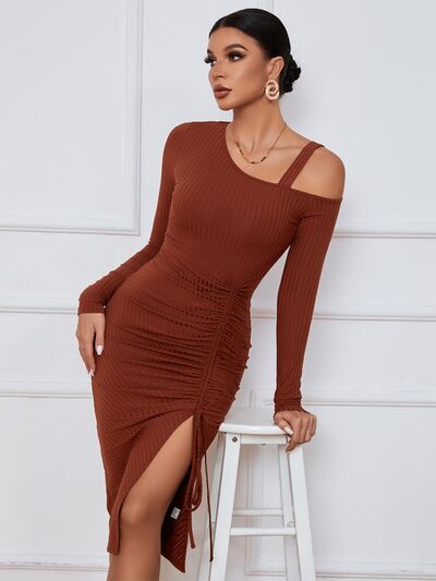 swvws Ribbed Ruched Drawstring Wrap Dress