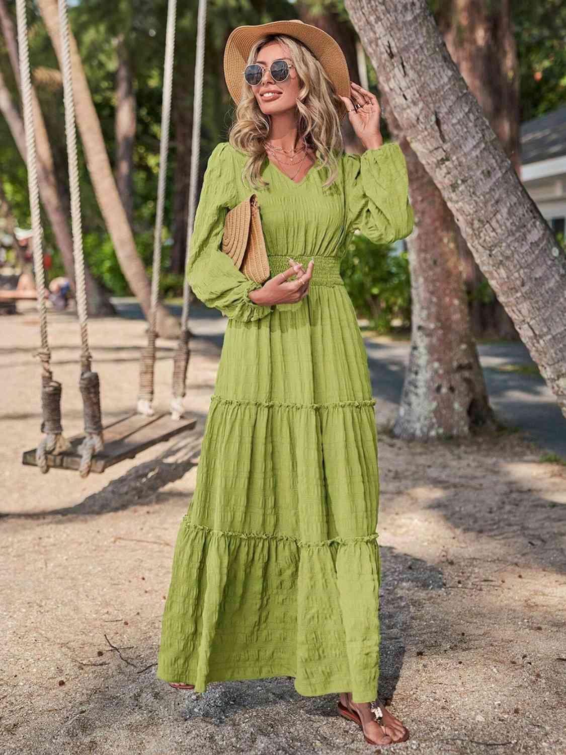 swvws Smocked Waist V-Neck Maxi Dress