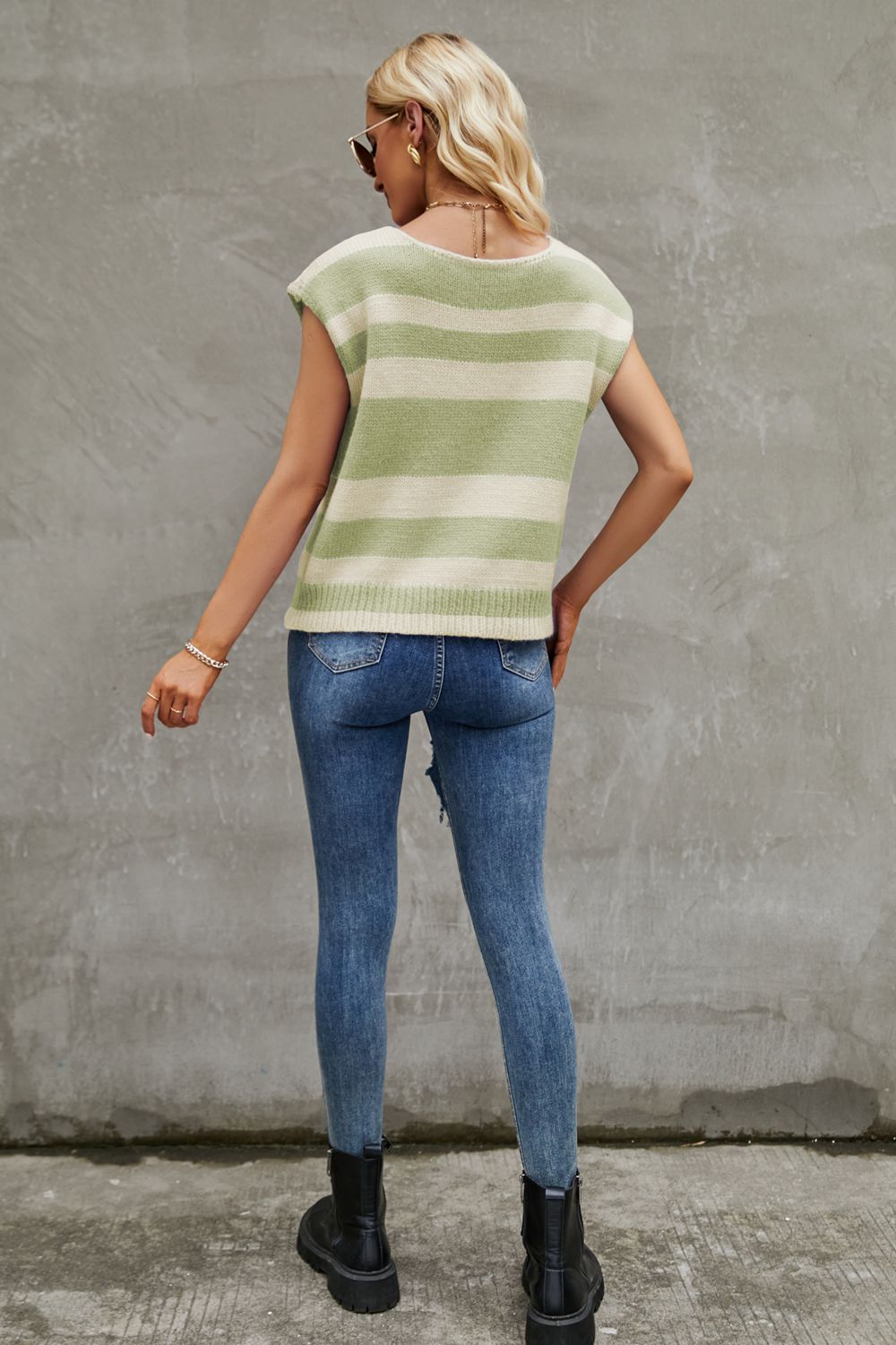 swvws Striped Round Neck Cap Sleeve Knit Top