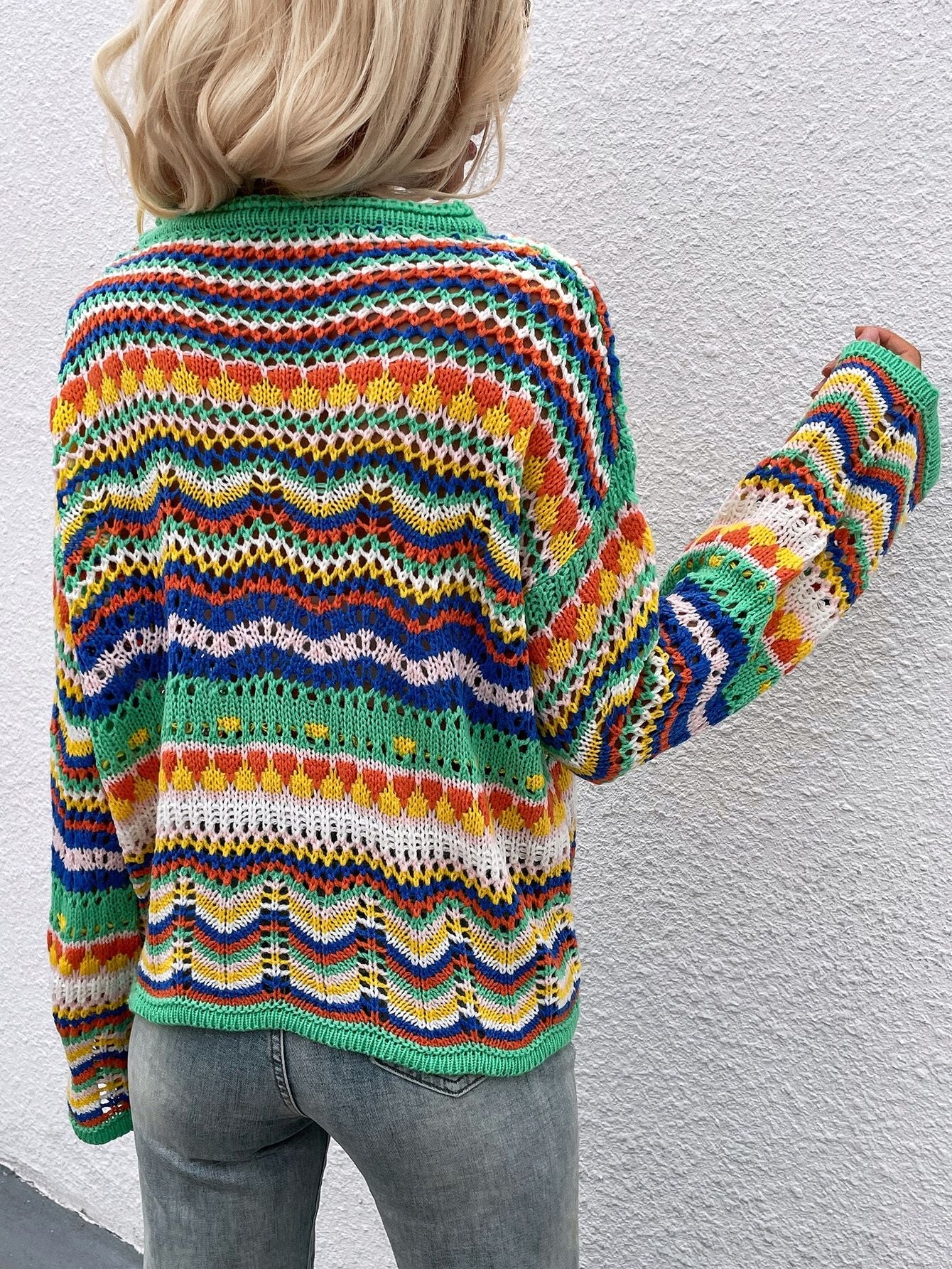 swvws Rainbow Stripe Openwork Flare Sleeve Knit Top