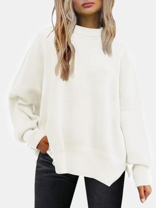 swvws Round Neck Drop Shoulder Slit Sweater