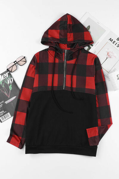 swvws Drawstring Plaid Half Zip Hoodie