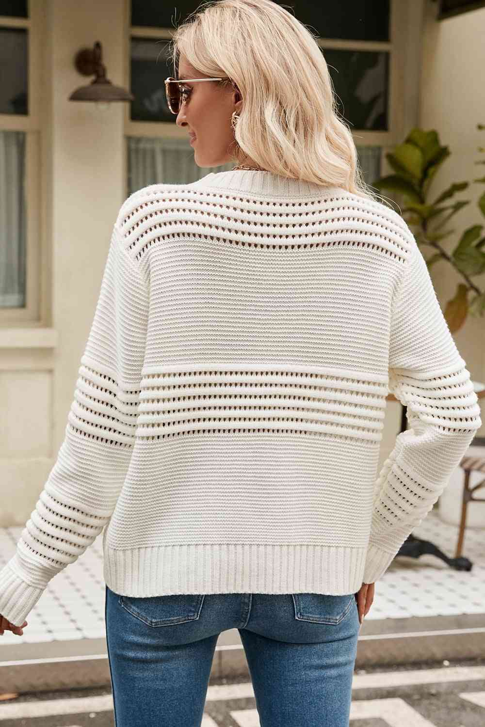 swvws Round Neck Openwork Long Sleeve Pullover Sweater