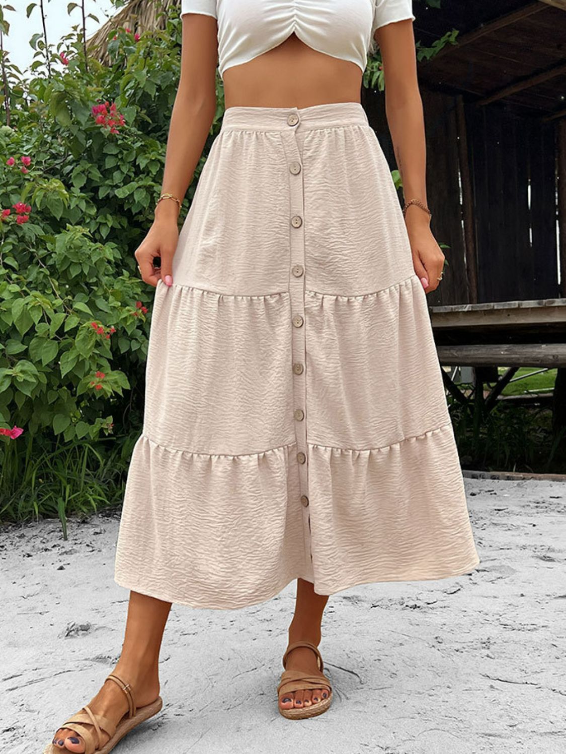 themeisles Button Down Tiered Midi Skirt