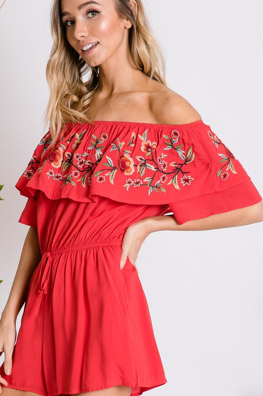 swvws Floral Embroidered Off Shoulder Romper