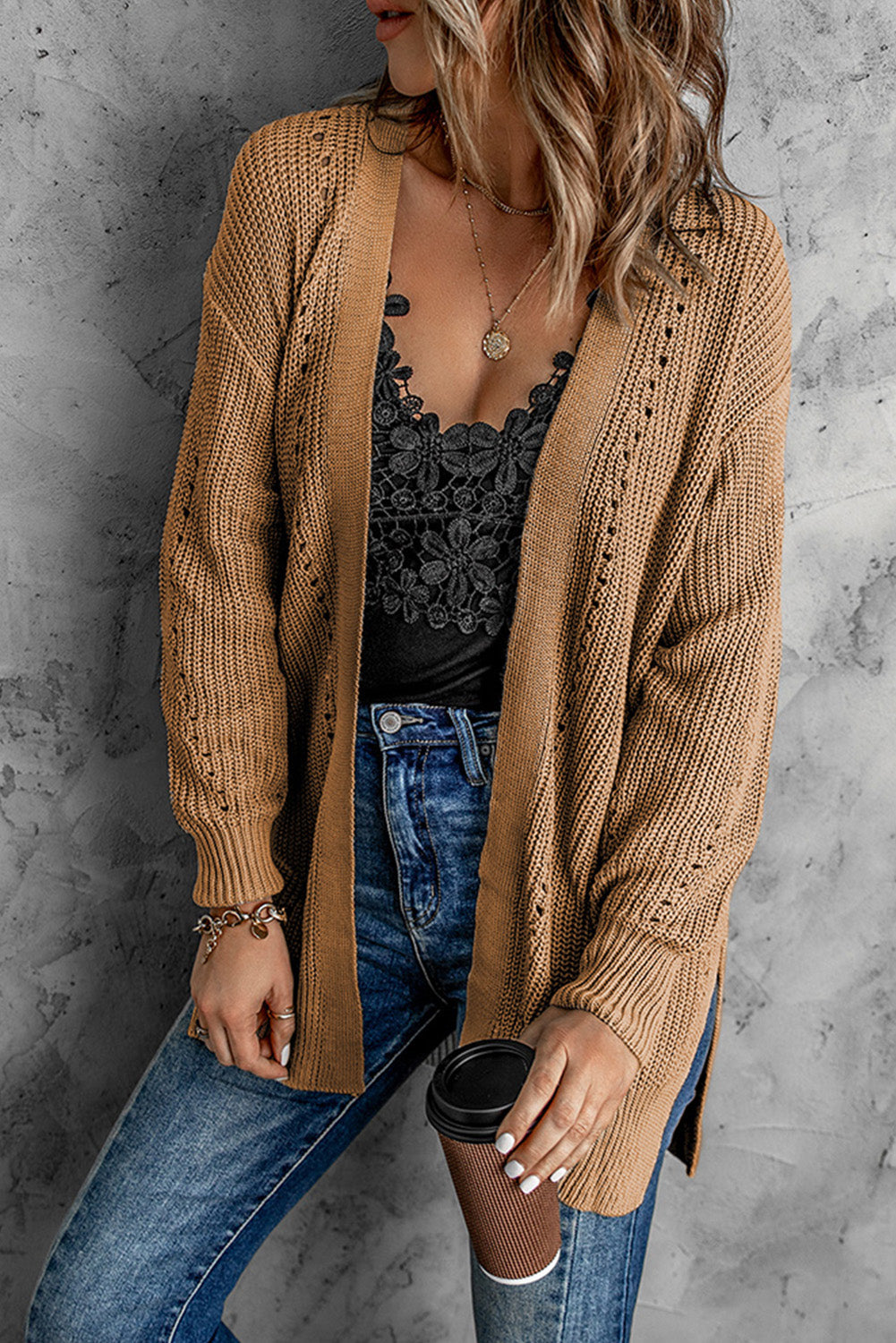 swvws Openwork Rib-Knit Slit Cardigan