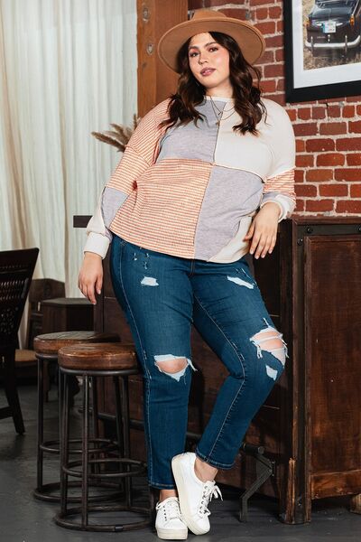 swvws Plus Size Exposed Seam Color Block Round Neck Sweatshirt