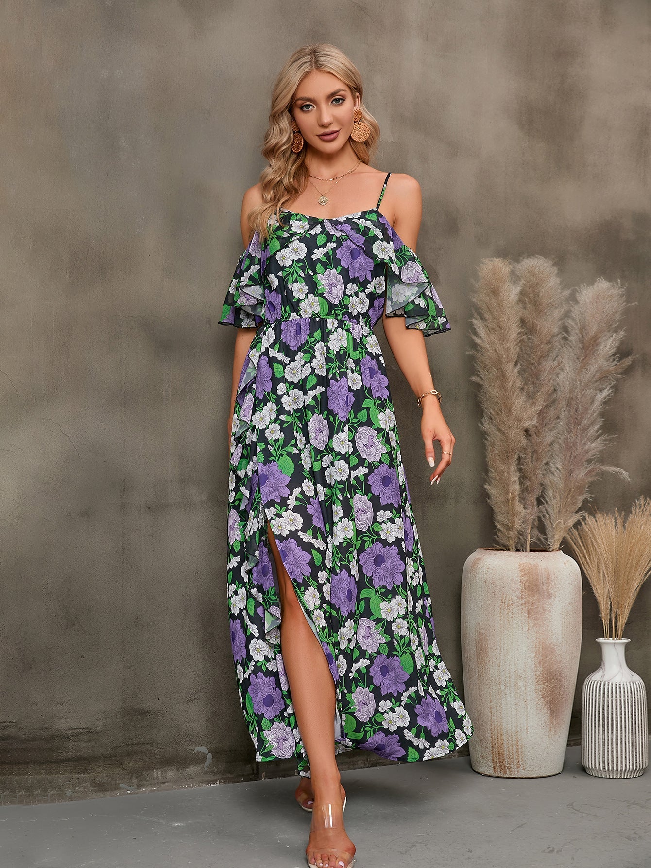 swvws Floral Spaghetti Strap Cold-Shoulder Slit Maxi Dress