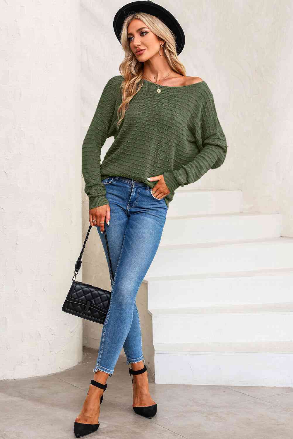 swvws Horizontal Ribbing Round Neck Sweater