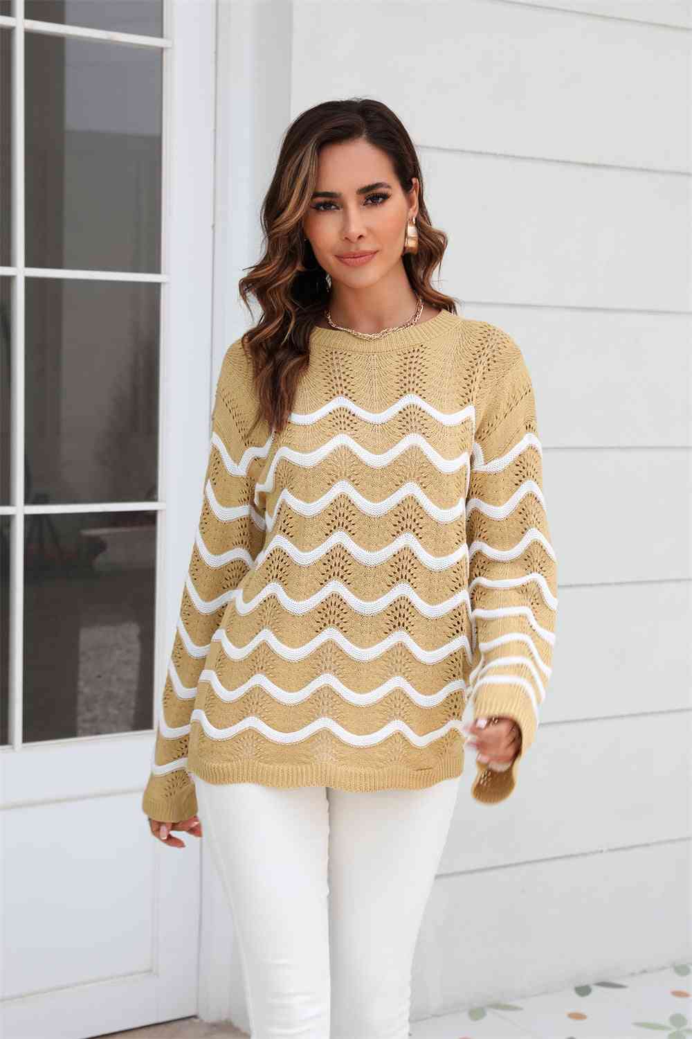 swvws Wave Pattern Round Neck Long Sleeve Sweater