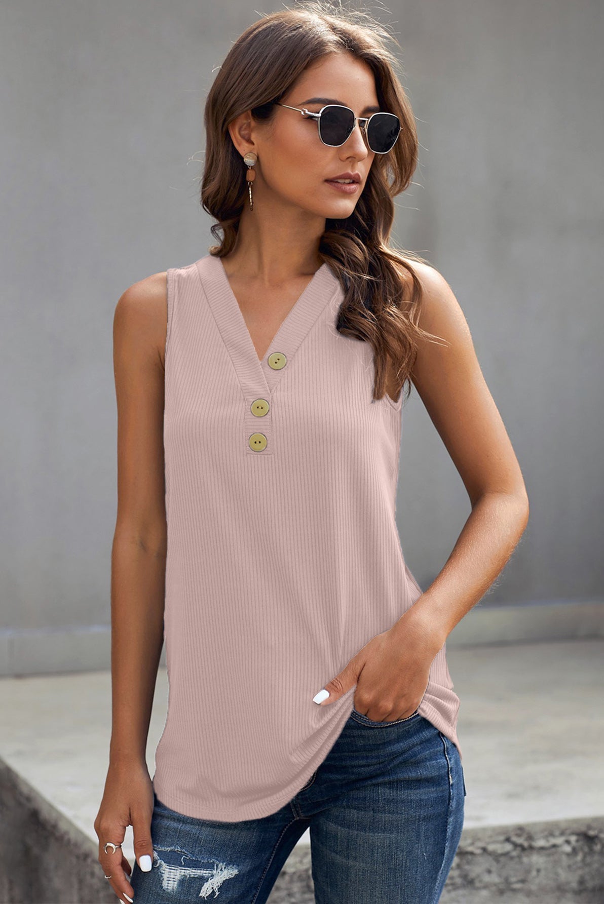 swvws Ribbed Buttoned V-neck Tank