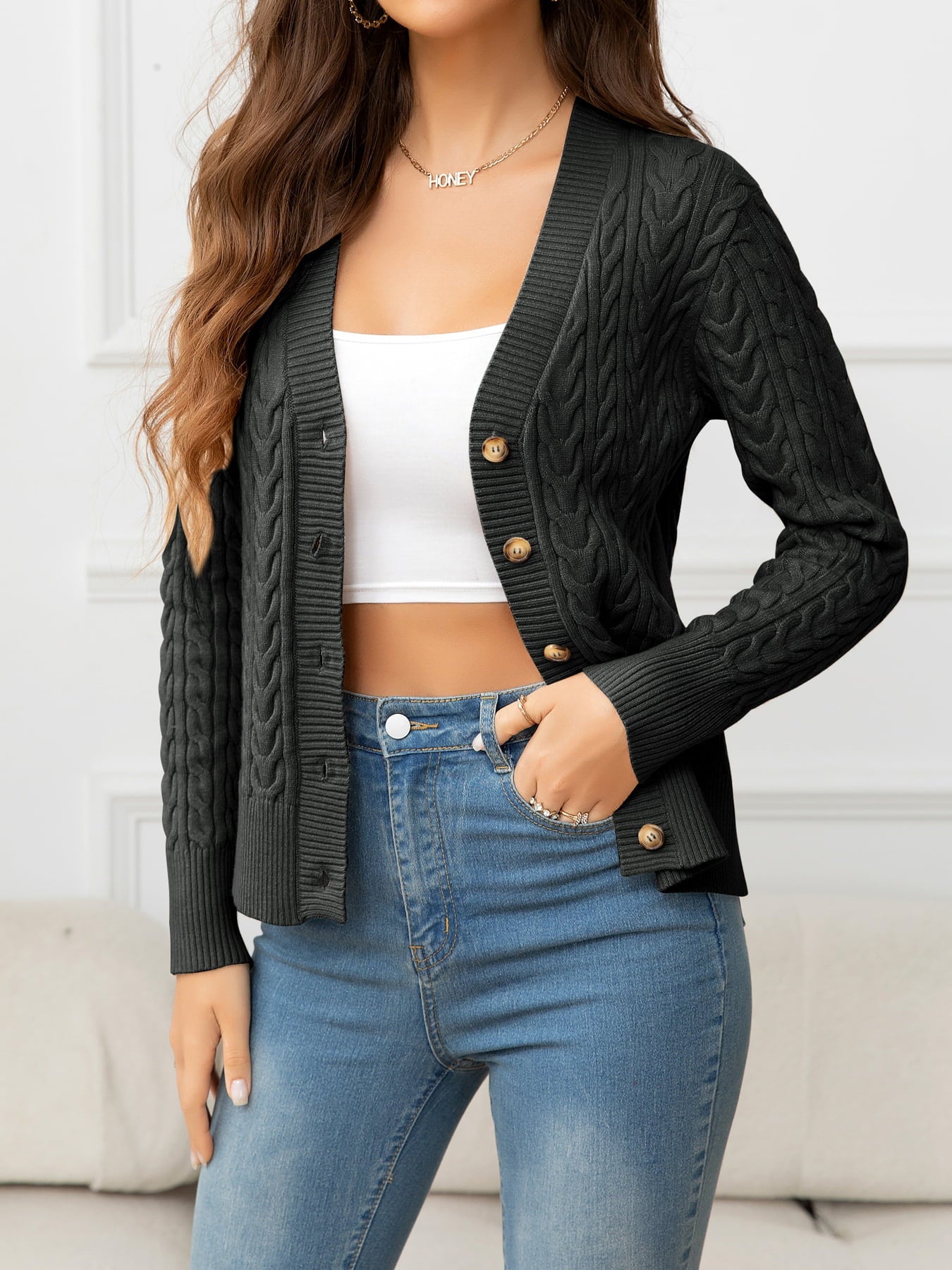 swvws V-Neck Long Sleeve Cable-Knit Buttoned Knit Top