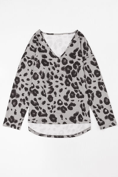 swvws Leopard V-Neck Dropped Shoulder Blouse