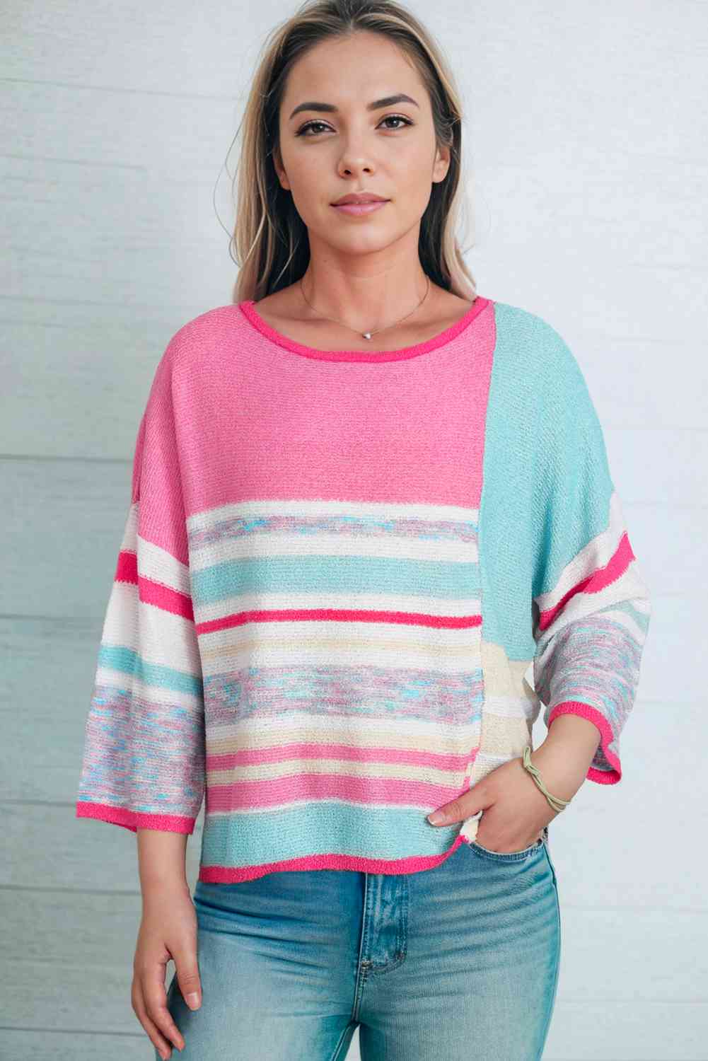 swvws Printed Round Neck Dropped Shoulder Pullover Sweater