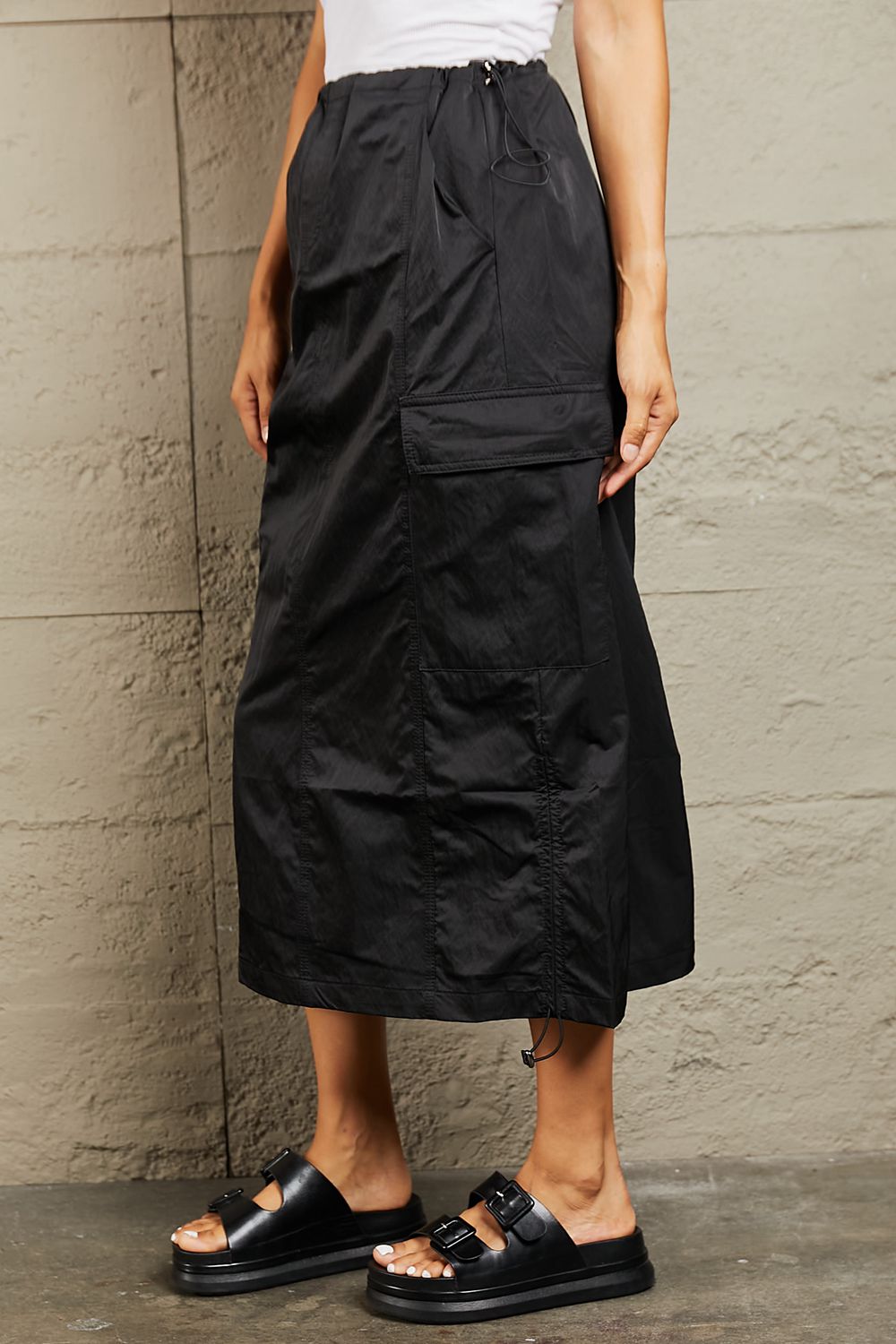 themeisles HYFVE Just In Time High Waisted Cargo Midi Skirt in Black