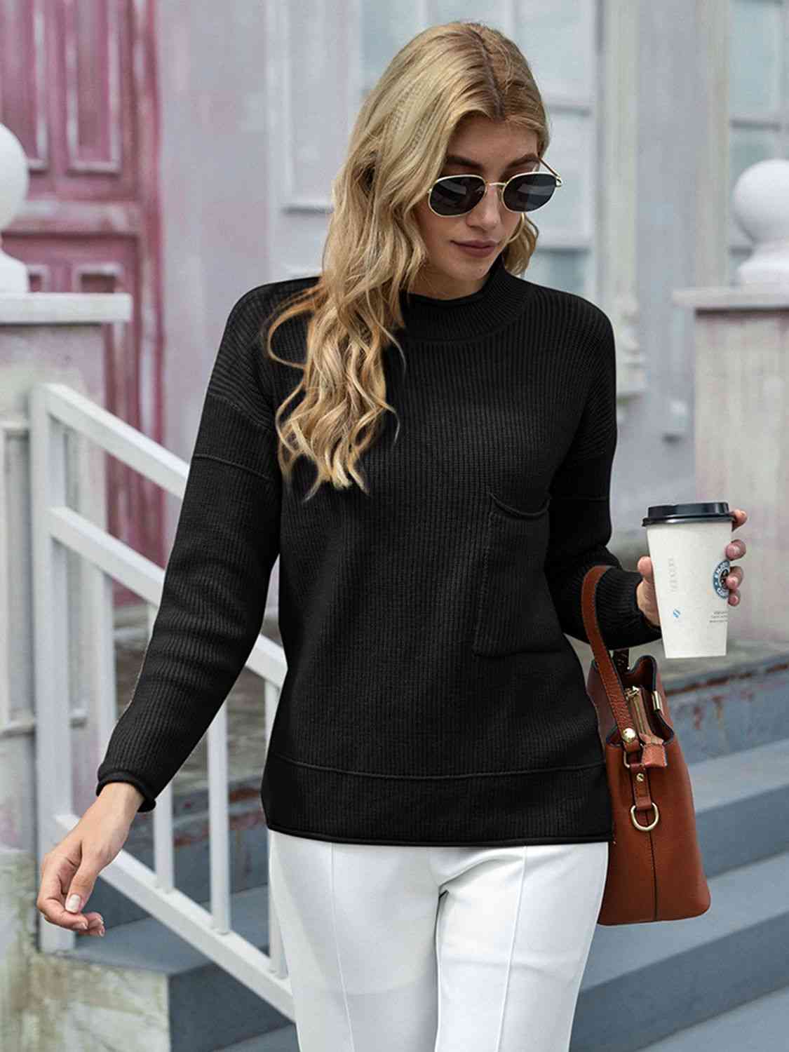 swvws Round Neck Dropped Shoulder Sweater with Pocket