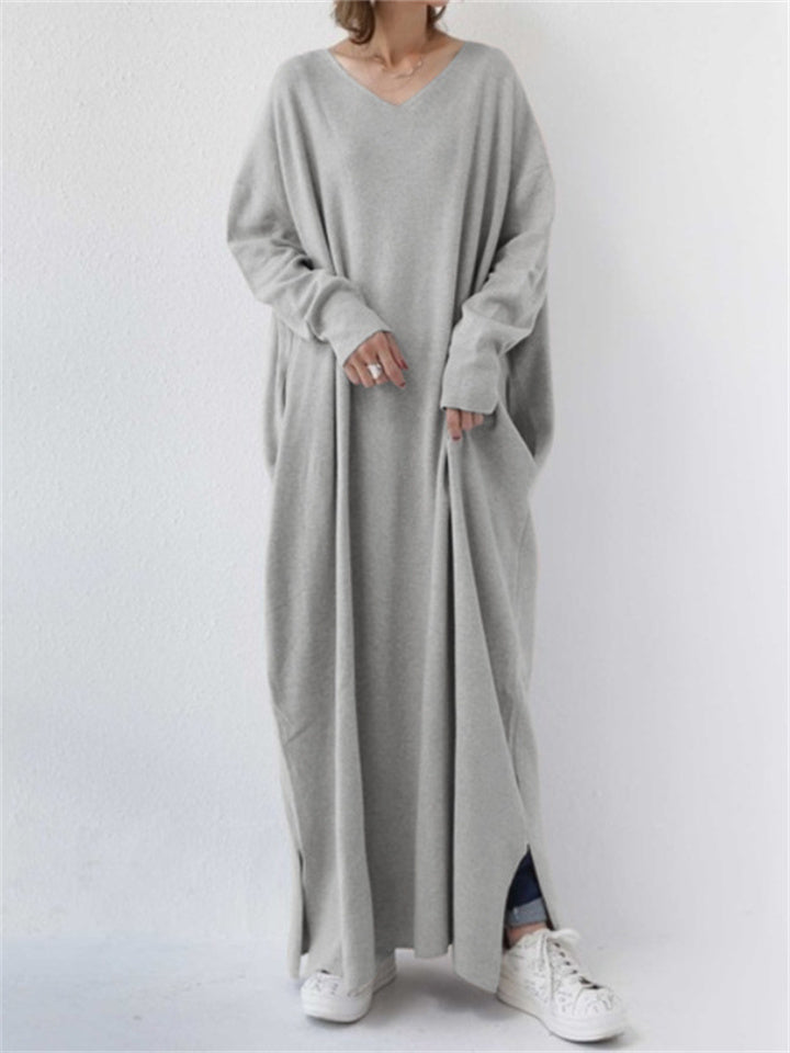 swvws Women's Plus Size Casual Dress Solid Color V Neck Long Sleeve Winter Fall Basic Casual Maxi long Dress Daily Vacation Dress