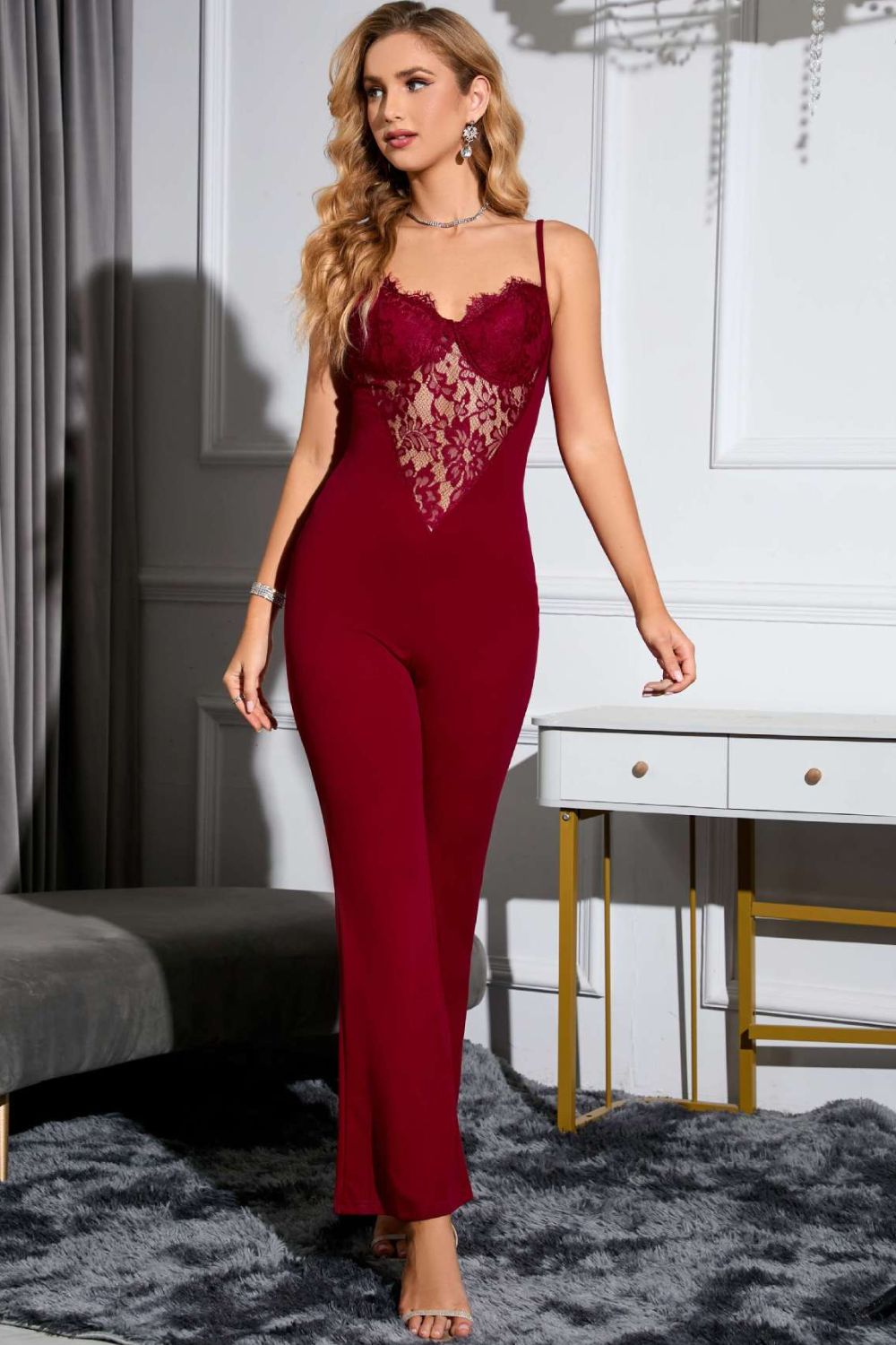 swvws Spliced Lace Sweetheart Neck Flare Leg Jumpsuit