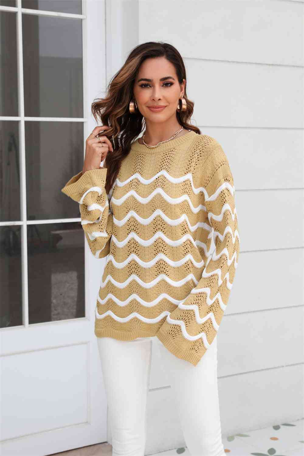 swvws Wave Pattern Round Neck Long Sleeve Sweater