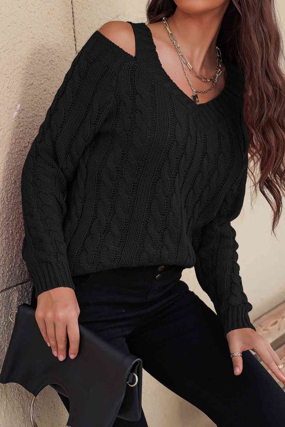 swvws Woven Right Cable-Knit Cold-Shoulder Long Sleeve Sweater