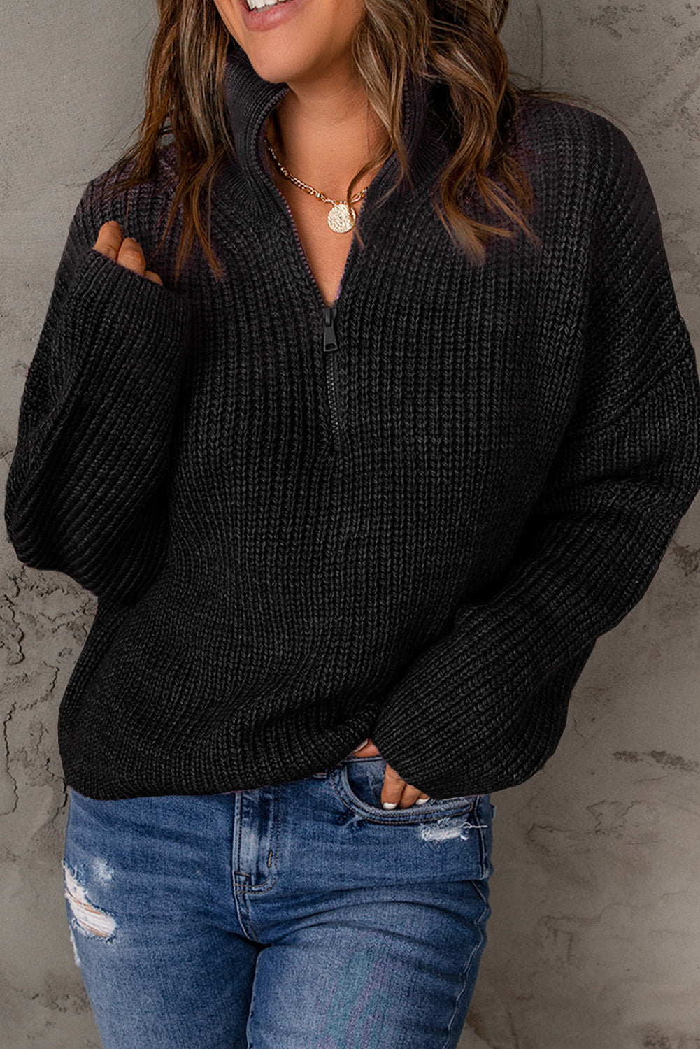 swvws Half Zip Rib-Knit Dropped Shoulder Sweater